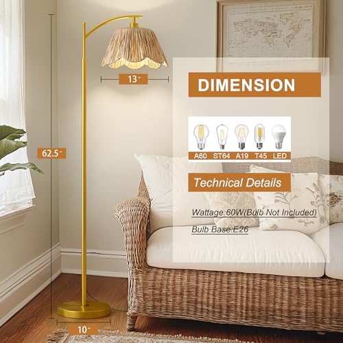 Oneach Arc Floor Lamp, Rattan Boho Shade, Gold Base