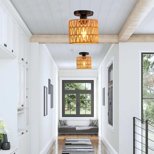 Hand-Woven Rattan Flush Mount Ceiling Light