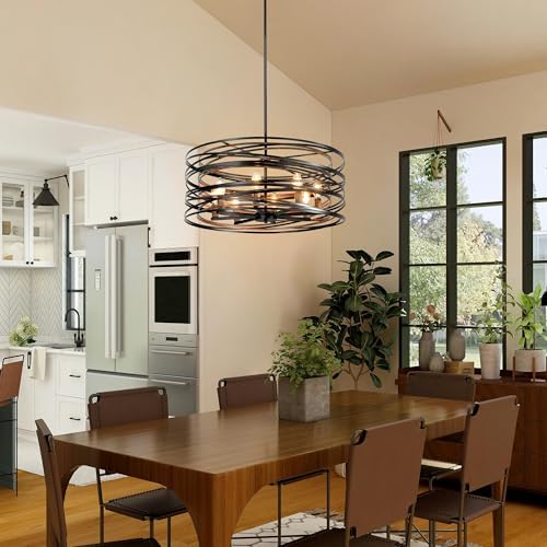 23.6" Black 8-Light Farmhouse Drum Chandelier