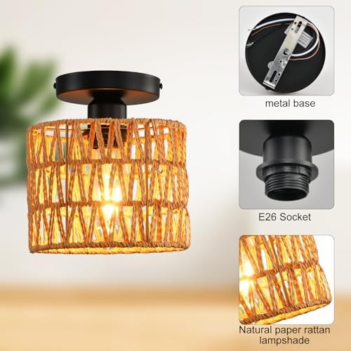 Hand-Woven Rattan Flush Mount Ceiling Light