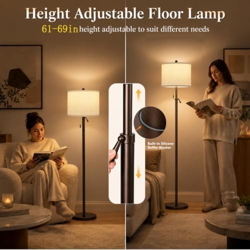 61-69" Adjustable Floor Lamp, 3-Way Bulb, Pull Chain