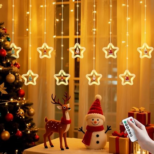 Christmas Star Curtain Lights with Remote, IP65 Waterproof