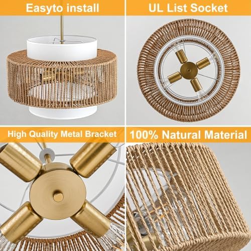 17.7" Boho Rattan 4-Light Chandelier
