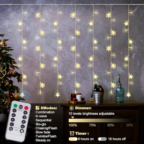 Newhale Christmas Curtain Lights, Snowflake and Star, Warm White