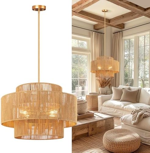 24'' Boho Rattan Chandelier, 4-Light Hand-Woven Wicker Pendant Lamp