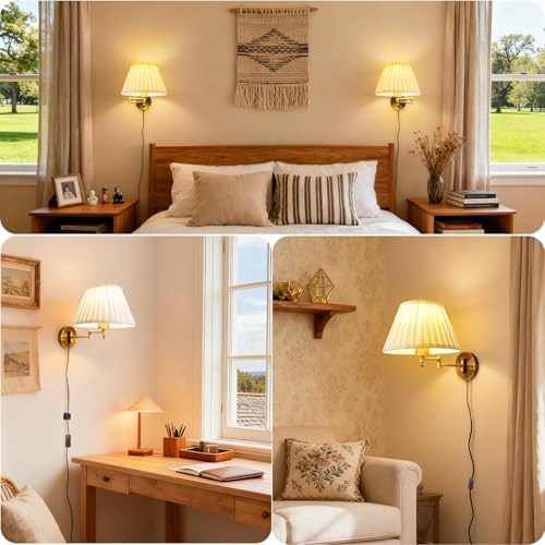 Bronze Swing Arm Wall Sconce, Fabric Shade