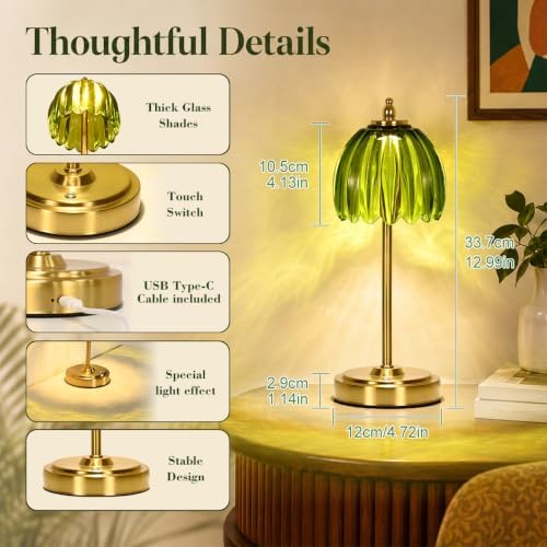 NewAoNaSen Glass Tulip Table Lamp, Cordless Rechargeable, Green