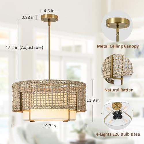 19.7" 4-Light Rattan Chandelier