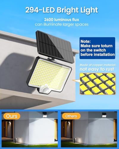 AUDERWIN 294 LED Solar Motion Sensor Lights, 2 Pack, Black
