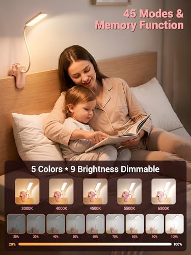 Pink Clip-on Desk Lamp, 9 Brightness, 5 Colors