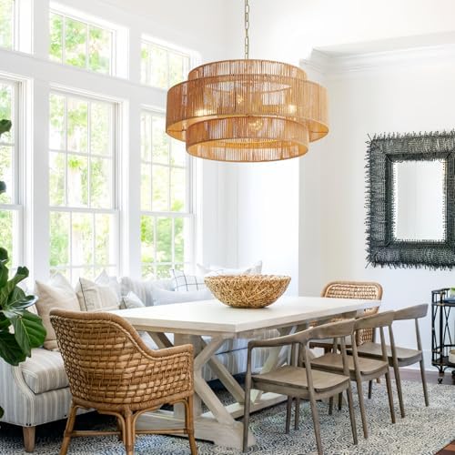 Large Farmhouse Rattan Chandelier, 22.8in Boho Pendant Light