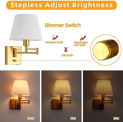 Gold Swing Arm Wall Lamp, White Fabric Shade