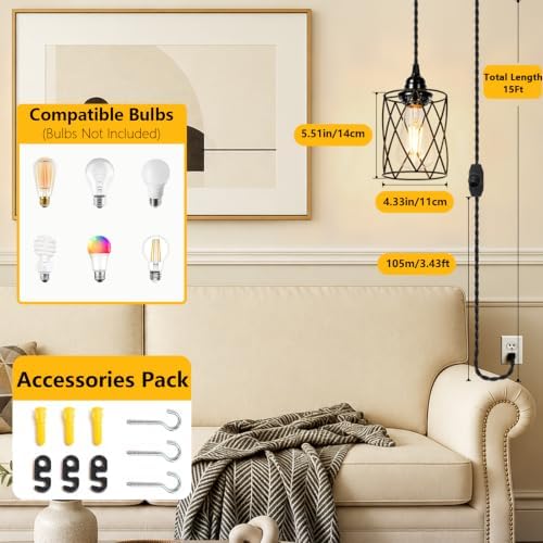 1-Pack Plug in Pendant Light, 15FT Cord, Black