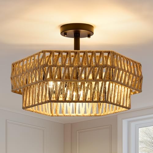 XSDeTu 3-Light Woven Hemp Rope Ceiling Light