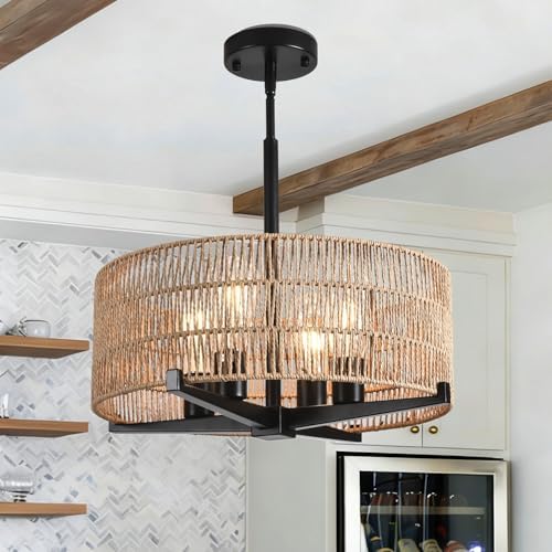 4-Light 17.7" Rattan Boho Farmhouse Chandelier