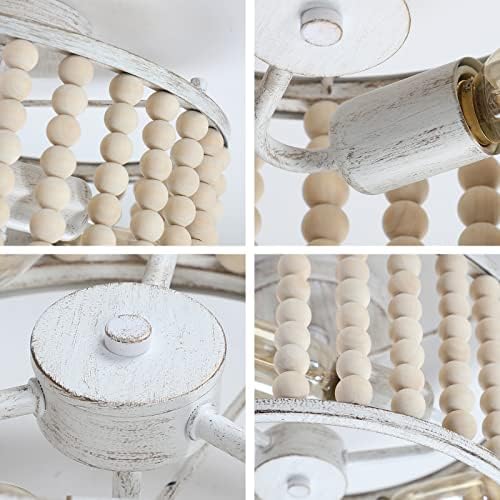 tewei Wood Beaded Boho Chandelier, Oak White