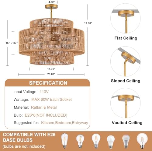 23.6" Rattan 6-Light Flush Mount Ceiling Light
