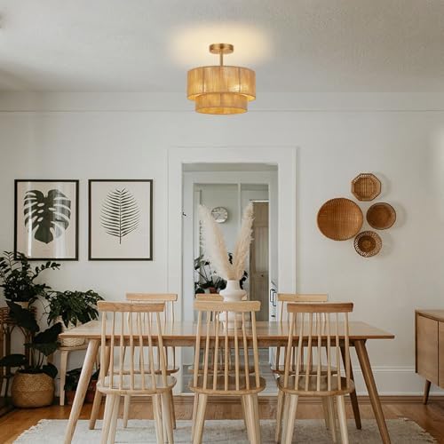3-Light Rattan Semi Flush Mount Ceiling Light, 12.6''