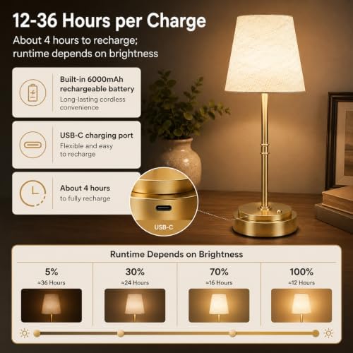 Rechargeable Cordless Table Lamp, Gold, 1 Pack