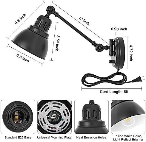 GOODATE Dimmable Plug-in Swing Arm Wall Sconce, Black