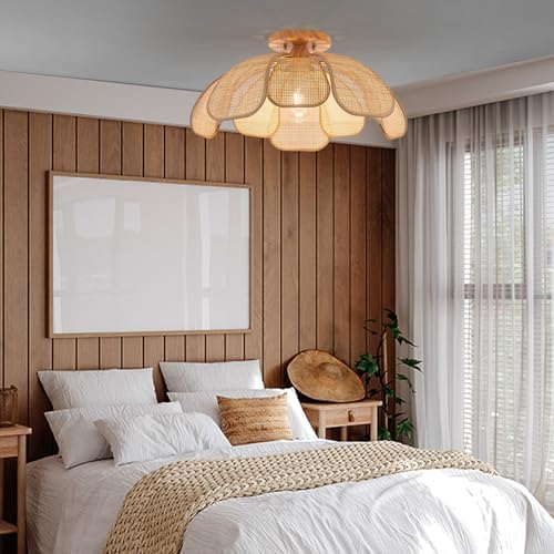 20-Inch Boho Rattan Flush Mount Ceiling Light