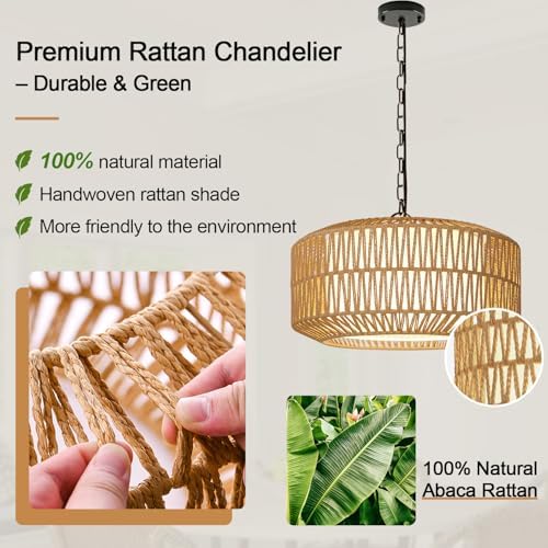 5-Light Rattan Farmhouse Chandelier, Height Adjustable 9"-52"