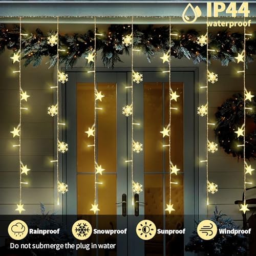 Newhale Christmas Curtain Lights, Snowflake and Star, Warm White