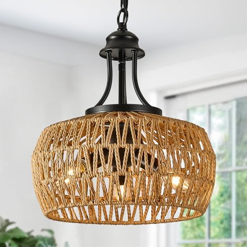 12.6-Inch 3-Light Rattan Chandelier