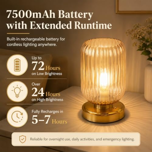 Amber Cordless Glass Table Lamp, 3 Color Modes