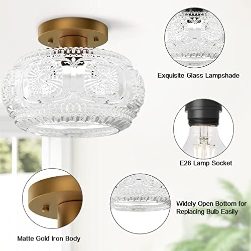 Globe Glass Semi Flush Mount Ceiling Light, Vintage Gold