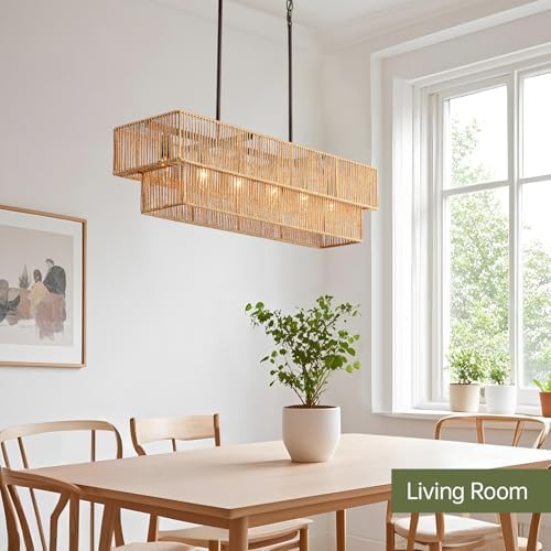34" Rattan Linear Chandelier