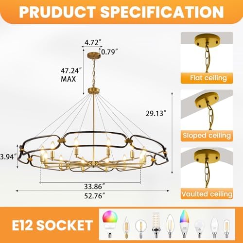 52.8" Black and Gold 8-Light Industrial Chandelier