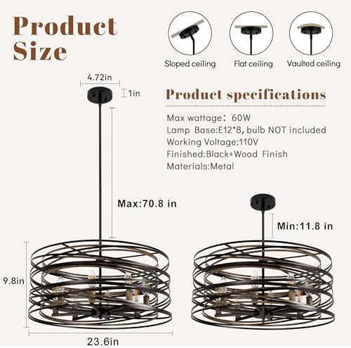 23.6" Black 8-Light Farmhouse Drum Chandelier