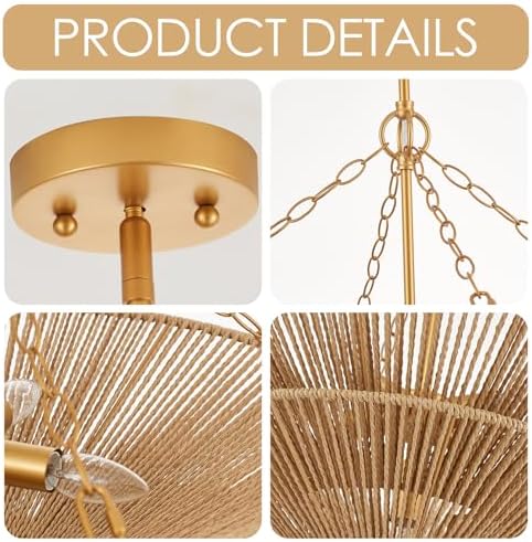 5-Light Gold Rattan Chandelier, Farmhouse Pendant Light