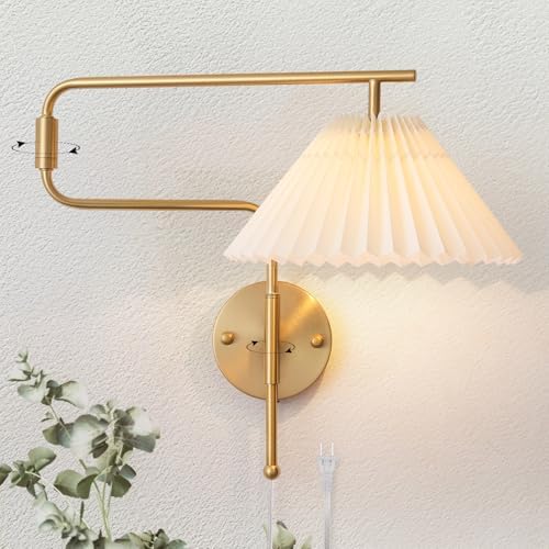 Gold Swing Arm Wall Sconces, Set of 2, Pleated Shade