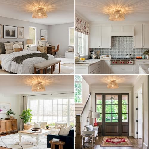13 Inch Rattan Flush Mount Ceiling Light