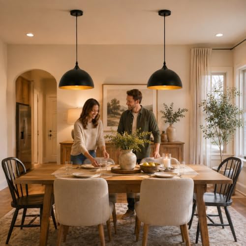 Farmhouse Dome Pendant Light, Black and Gold, 2-Pack