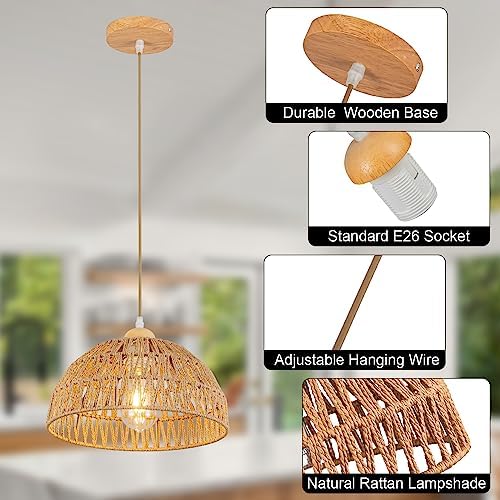 Boho Rattan Pendant Light with Wooden Base