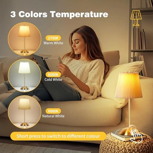 Rechargeable Cordless Table Lamp, 3-Color Dimmable, Beige Shade