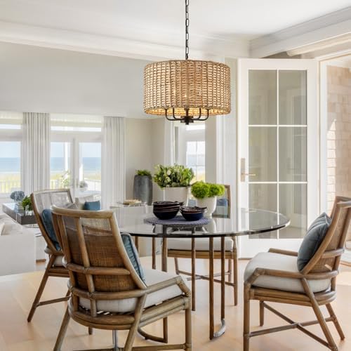 5-Light Boho Rattan Chandelier with Drum Shade