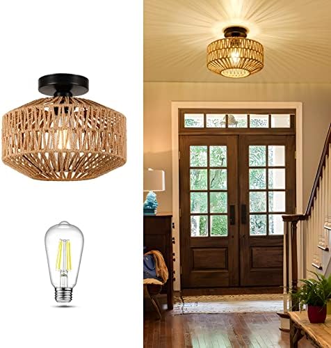 Boho Mini Rattan Ceiling Light, Dimmable LED