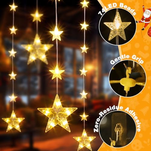 Christmas Star Curtain Lights, 74 LEDs, Warm White