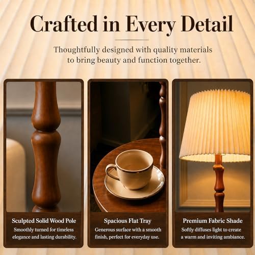 Real Wood Floor Lamp with Built-in Tray, Light Walnut