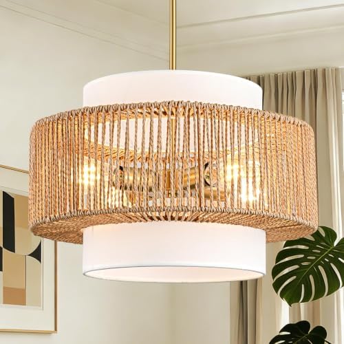 17.7" Boho Rattan 4-Light Chandelier