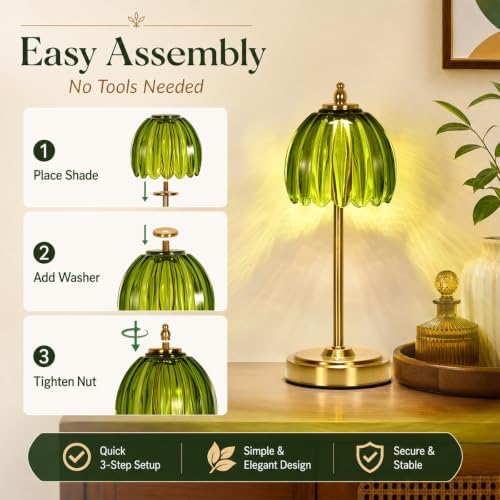 NewAoNaSen Glass Tulip Table Lamp, Cordless Rechargeable, Green