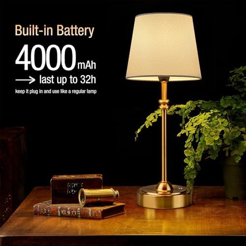 ONEWISH Cordless Rechargeable Table Lamp, 4000mAh, Gold