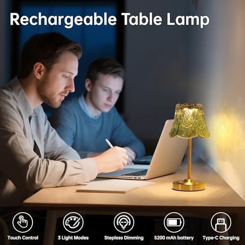 Shenmoyl Cordless Touch Table Lamp, 5200mAh, Green Rose