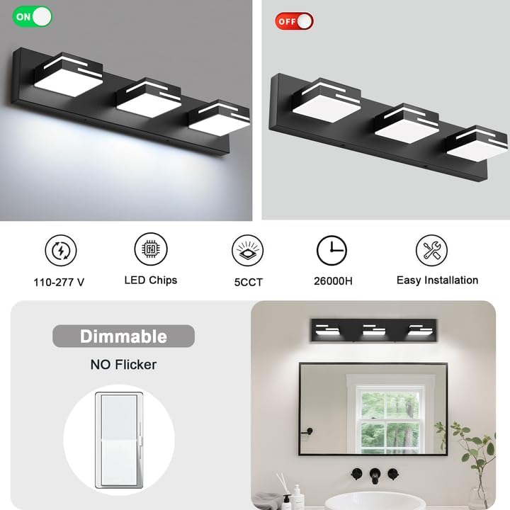 22-inch Matte Black 3-Light LED Vanity Light