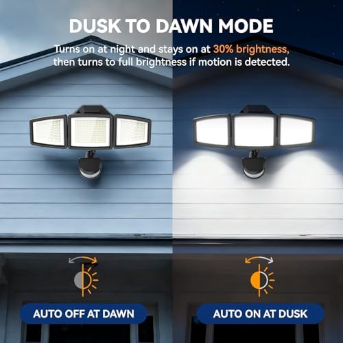 7000LM 6500K 3-Head LED Motion Sensor Flood Light