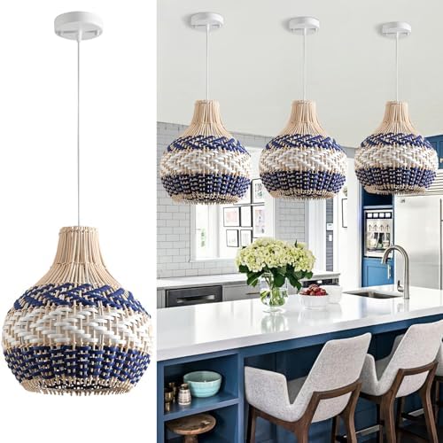 3-Pack Blue White Rattan Pendant Lights